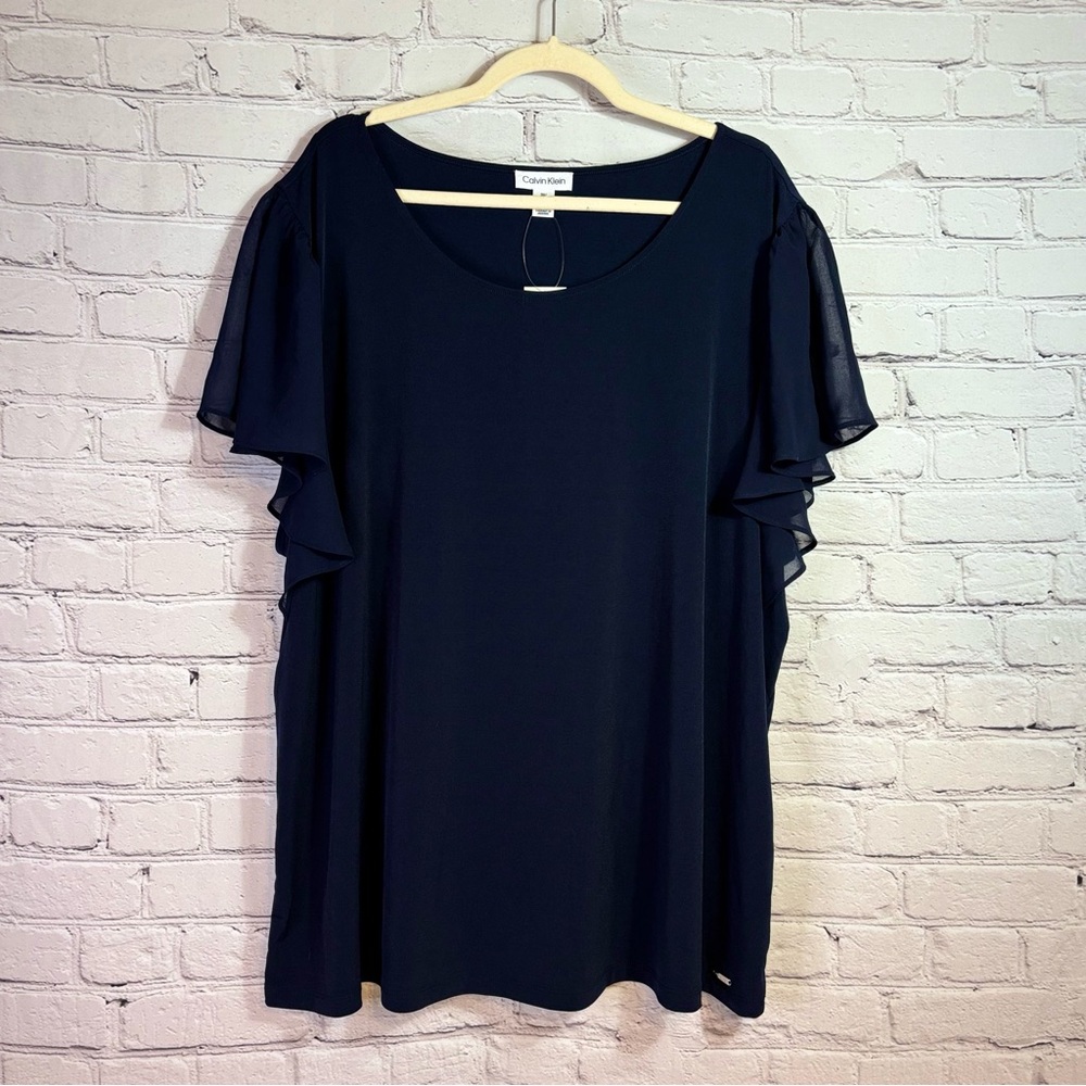 NWT Calvin Klein Women's Navy Ruffle Short Sleeve Top Size 3XL